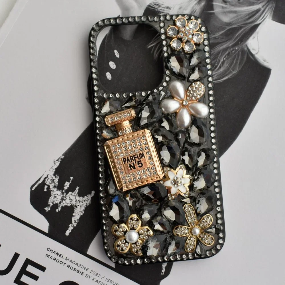 Diamond Encrusted Silicone Black iPhone case with Perfume bottle - iPhone 14/13
